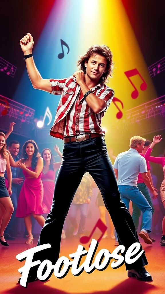 Footloose movie poster with Kevin Bacon in a dance pose, colorful 80s theme.